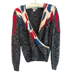 Vintage Lee David Women's Size L Sweater‎ Red Blue White Geometric Wrap Style